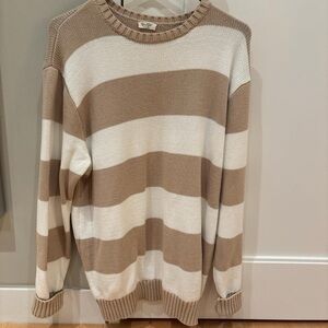 Brandy Melville Tan and White Striped Crewneck Sweater